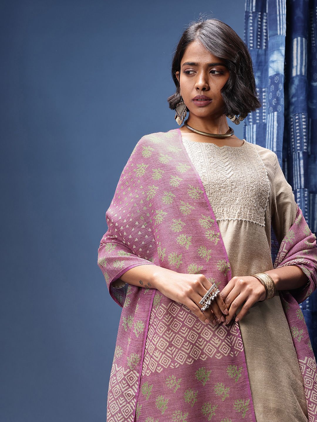 Taavi Ethnic Motifs Woven Design Pure Cotton Block Print Dupatta