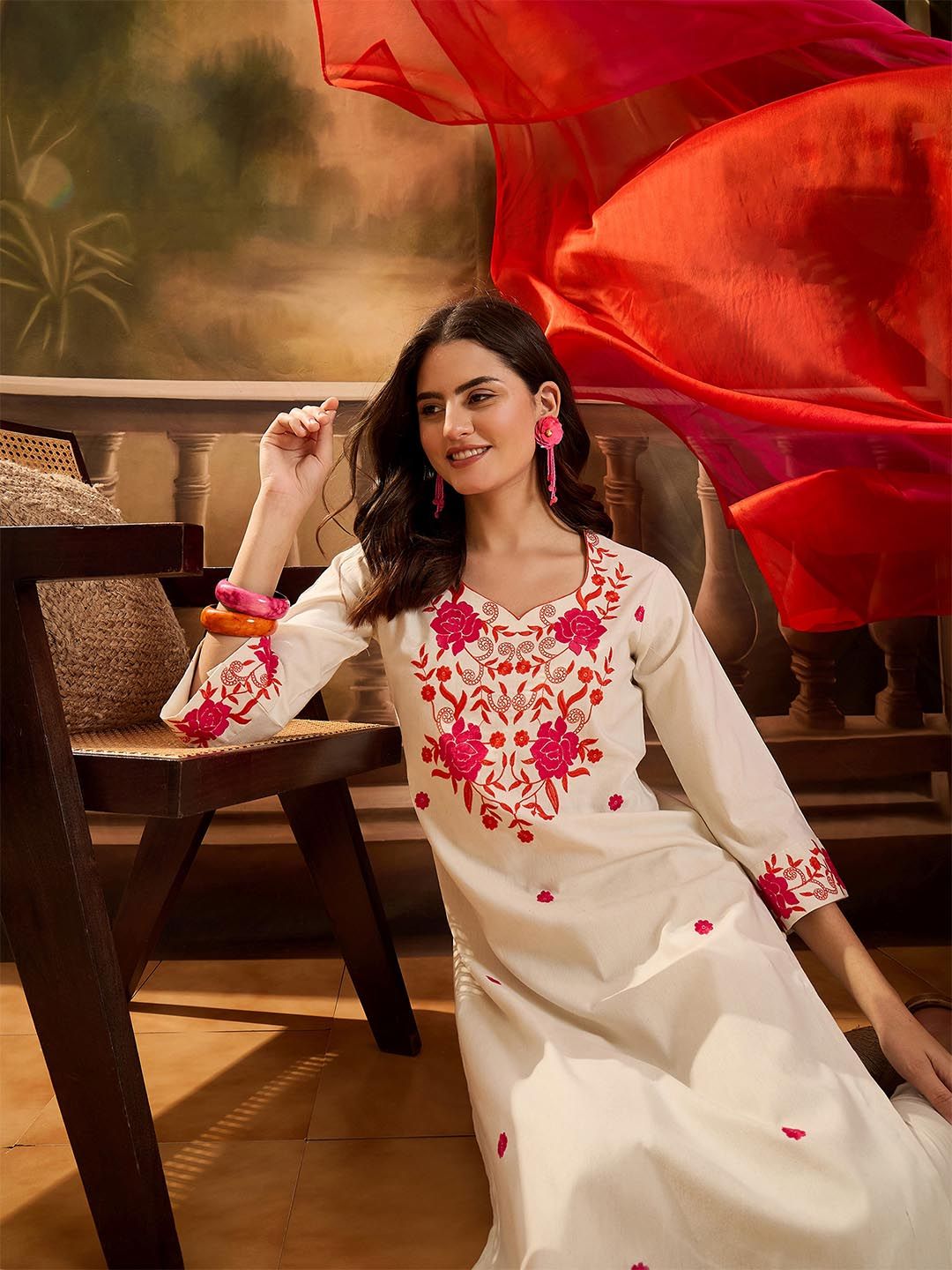 Sangria Floral Printed & Embroidered Straight Kurta & Trousers With Dupatta
