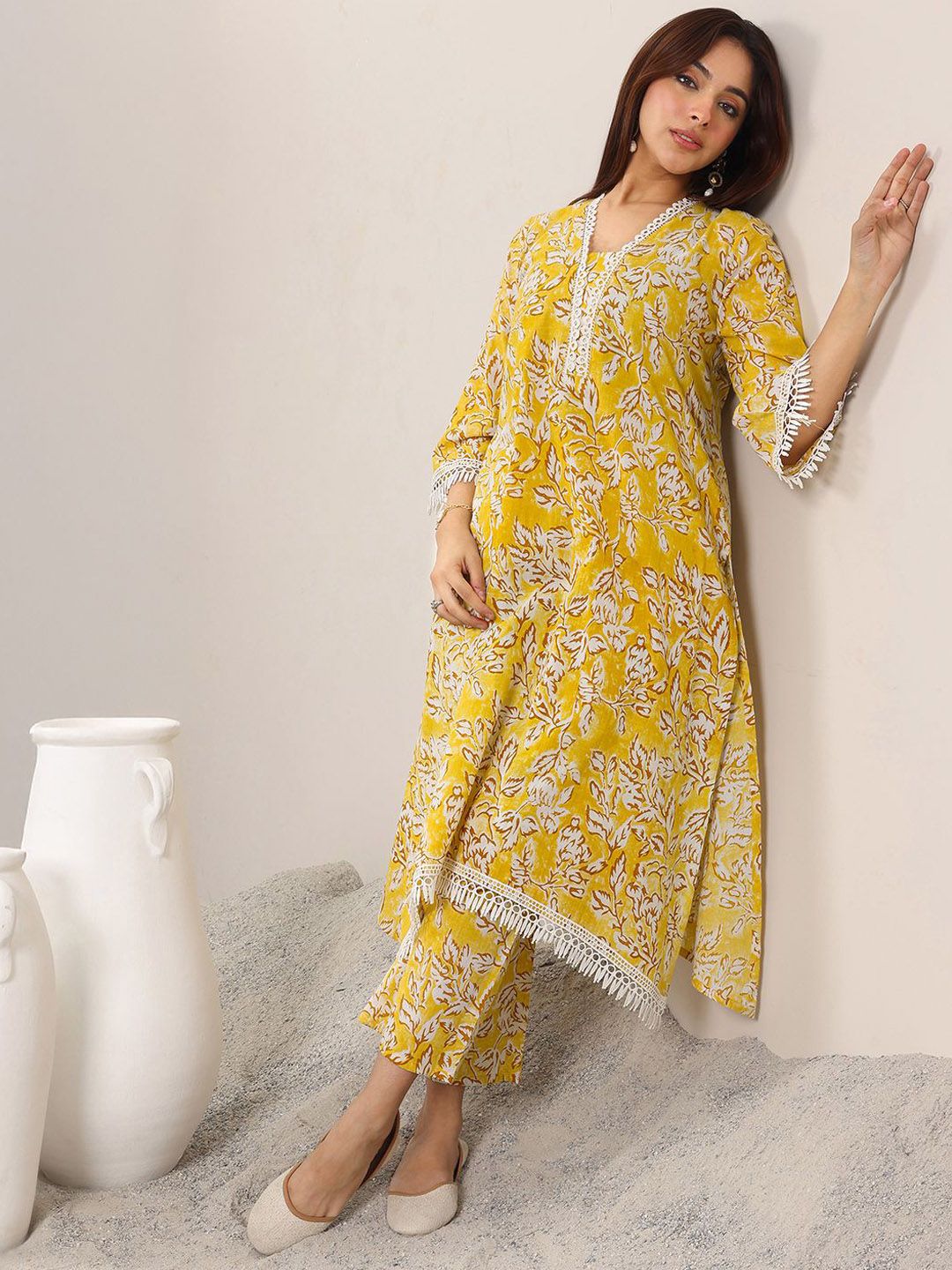 Libas Floral Printed V-Neck A-Line Kurta With Trousers
