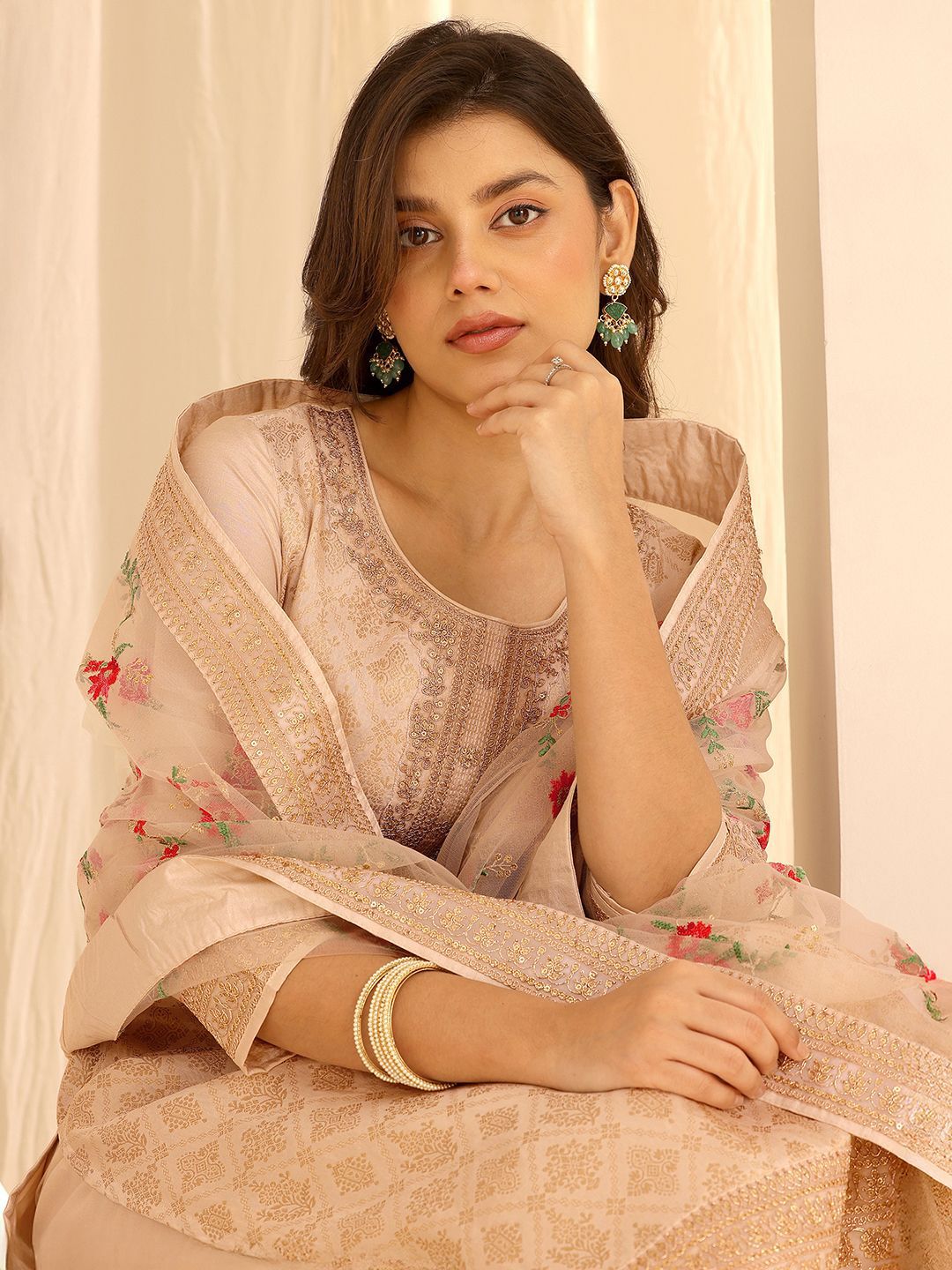 Libas Women Ethnic Motifs Embroidered Zari Straight Kurta with Trousers & Dupatta-picture-20
