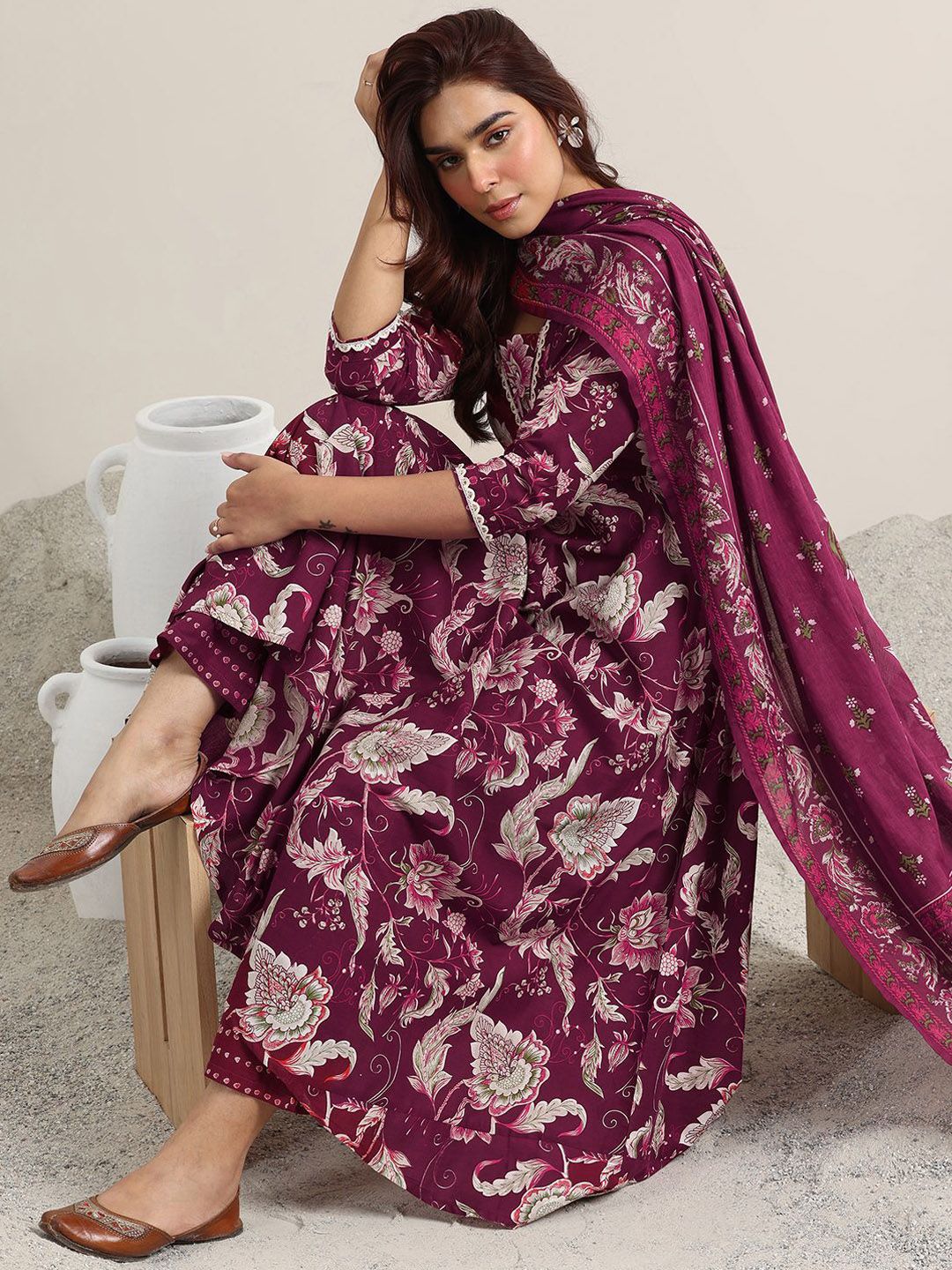 Libas Womens Burgundy Printed Cotton Anarkali Kurta With Trousers & Dupatta