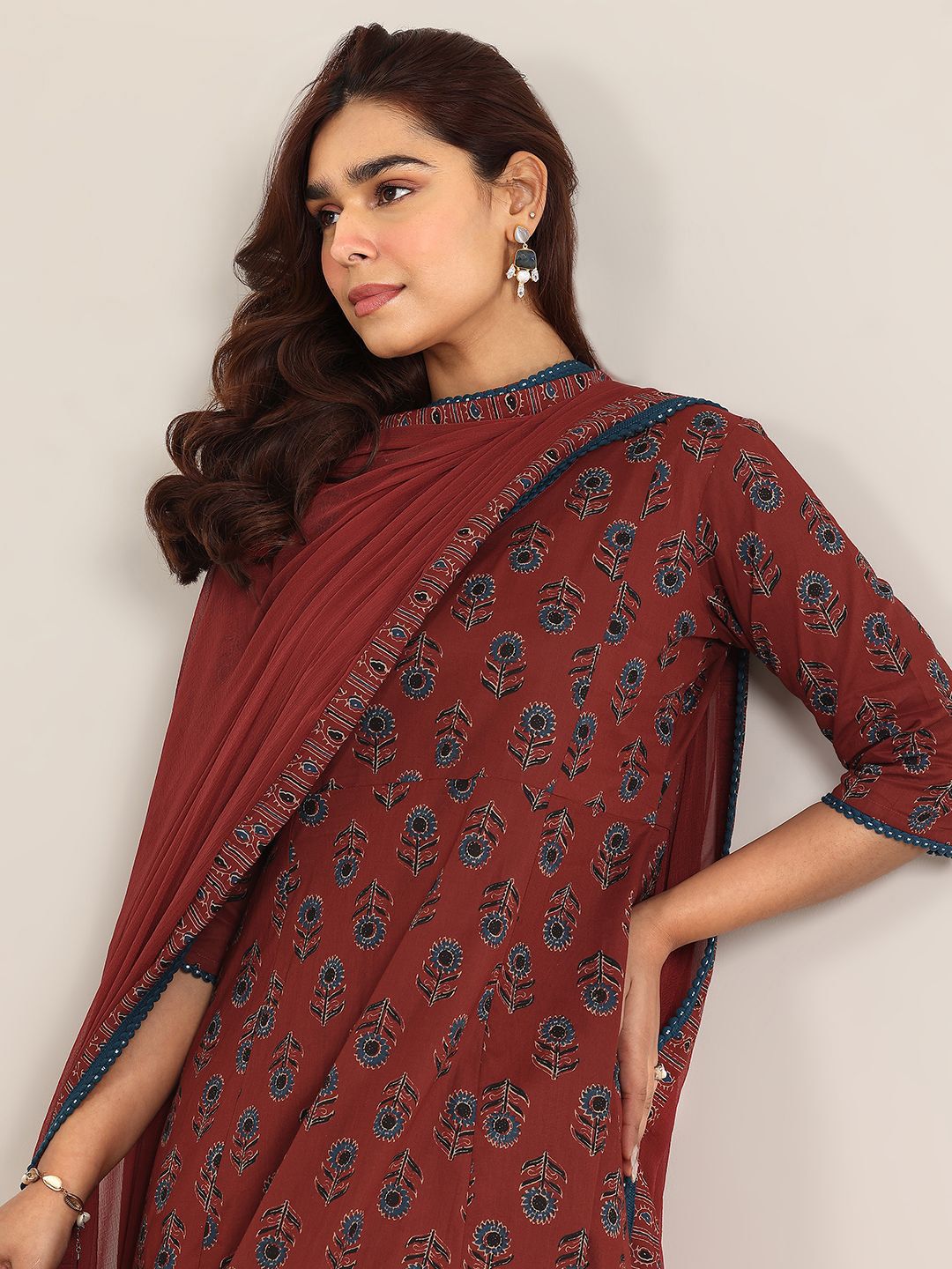Libas Floral Printed V-Neck A-Line Kurta with Trousers & With Dupatta
