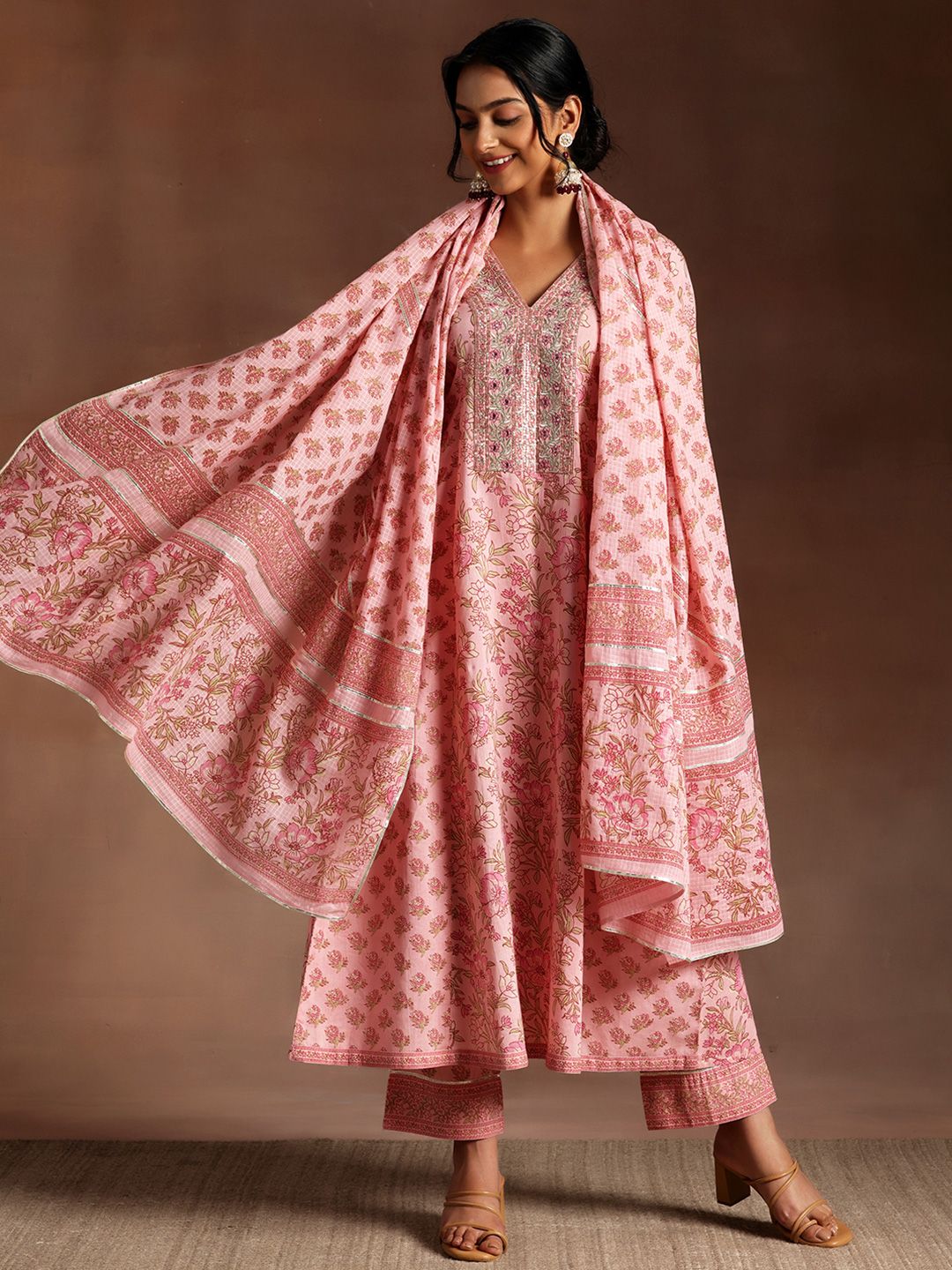 Libas V-Neck Sequnnied Empire A-Line Kurta With Trousers & Dupatta