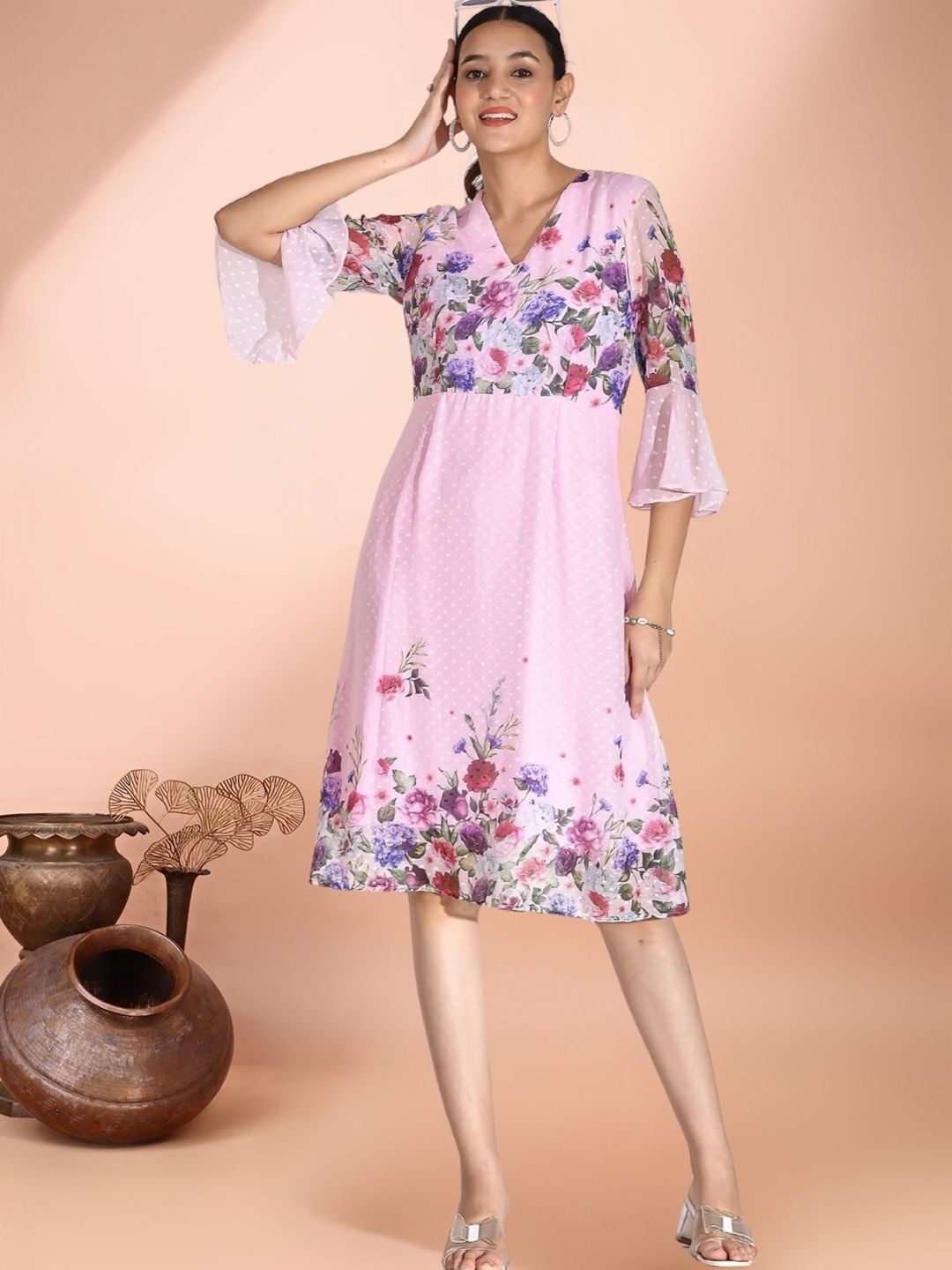 OZIA Floral Print Puff Sleeve Fit & Flare Midi Dress