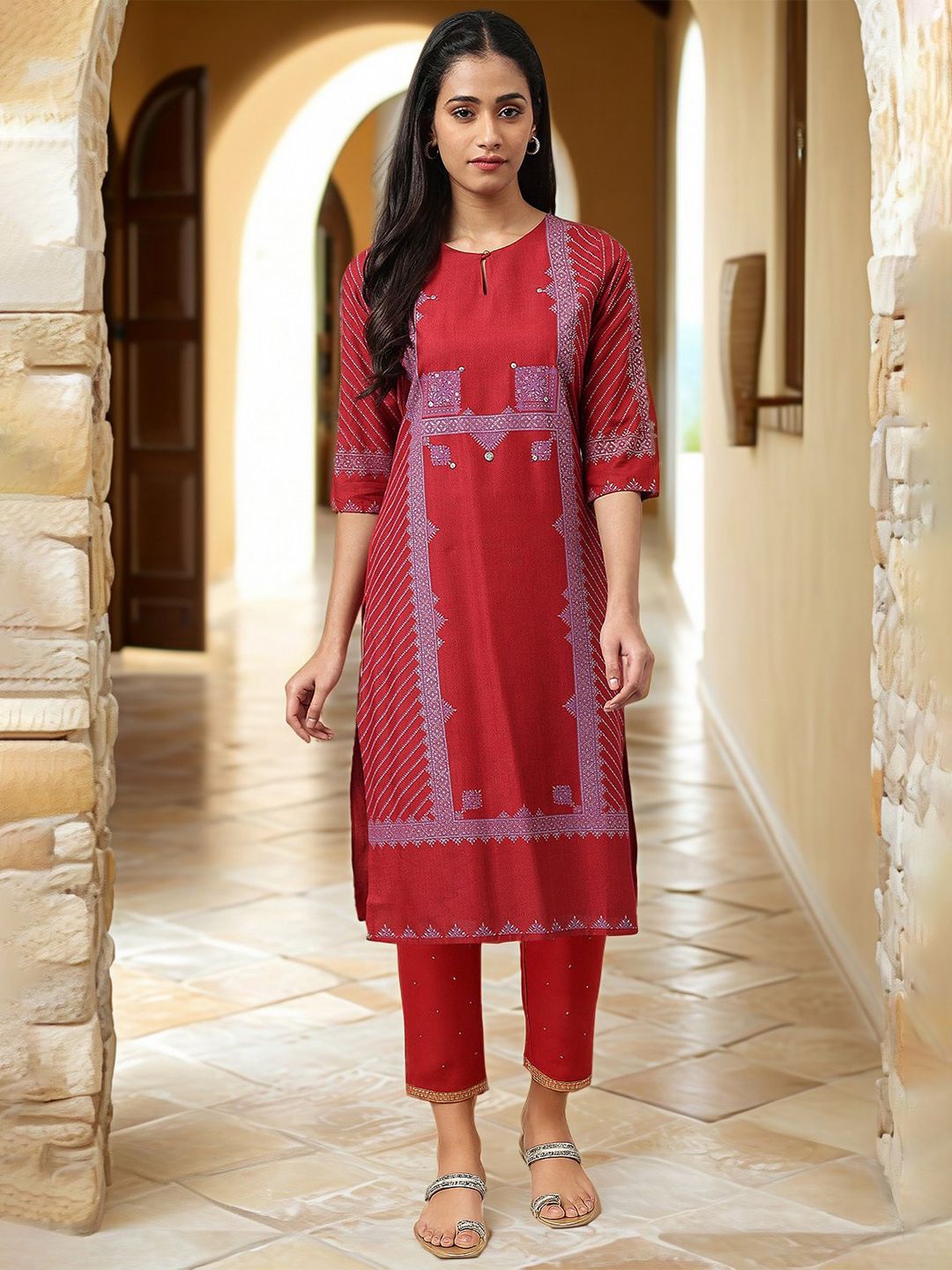 W Women Geometric Printed Kurta with Trousers