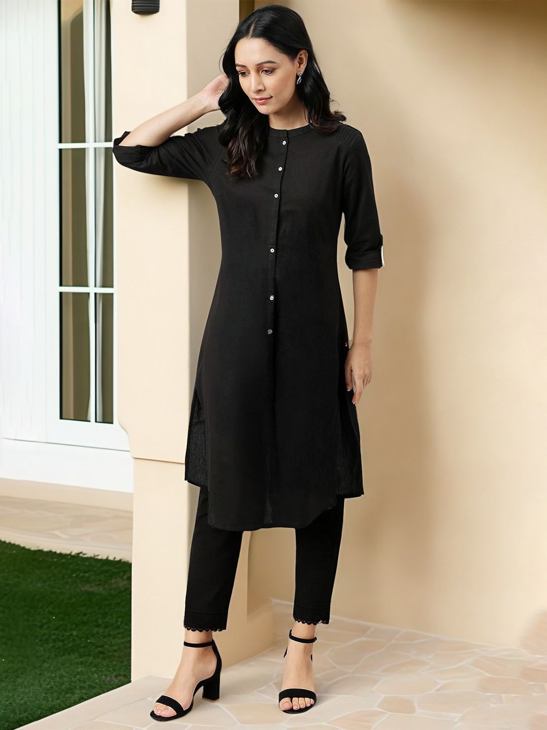 W Mandarin Collar A-LIne Kurta With Trousers