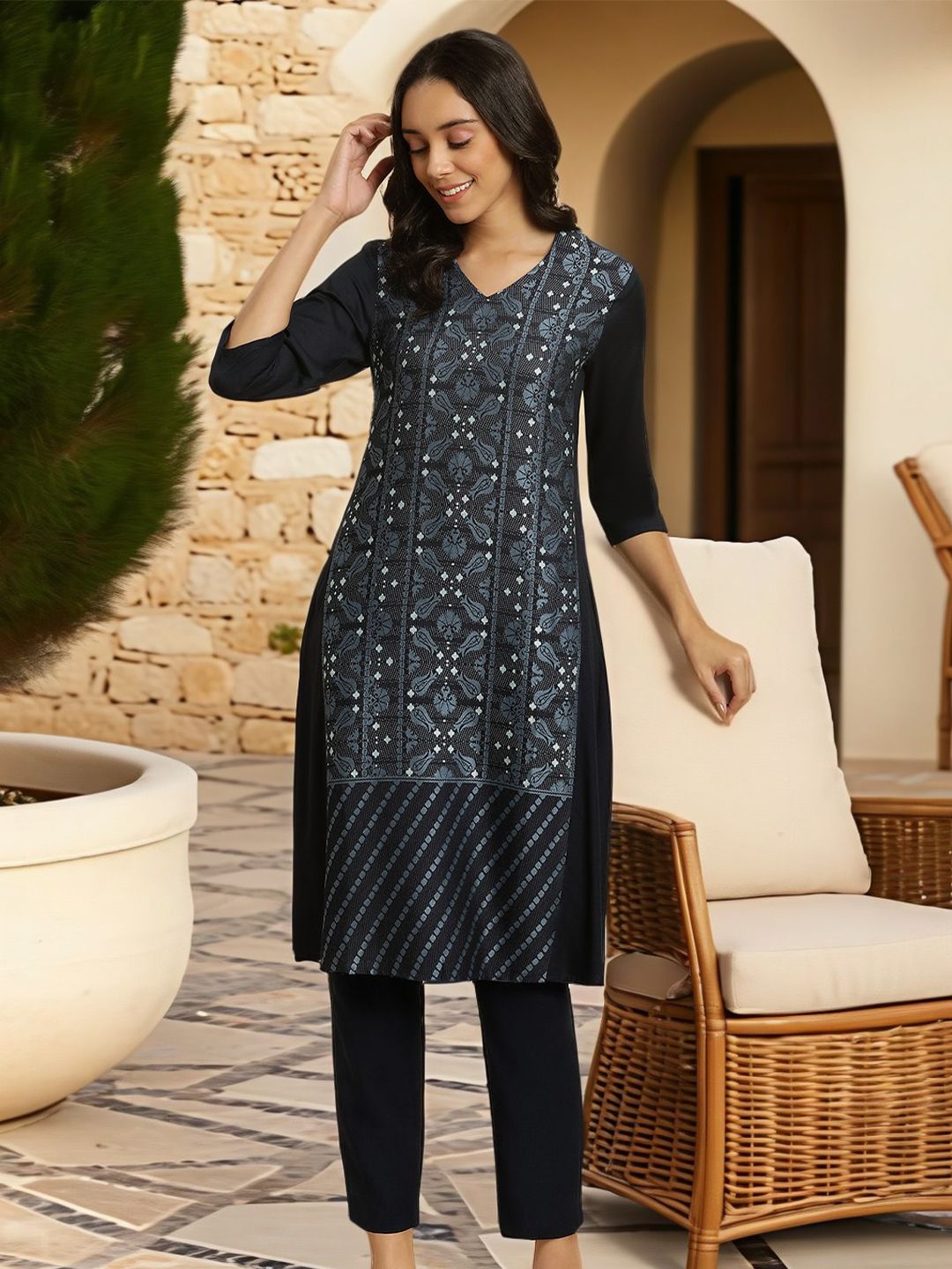 W Floral Printed V-Neck Straight Kurta With Trousers