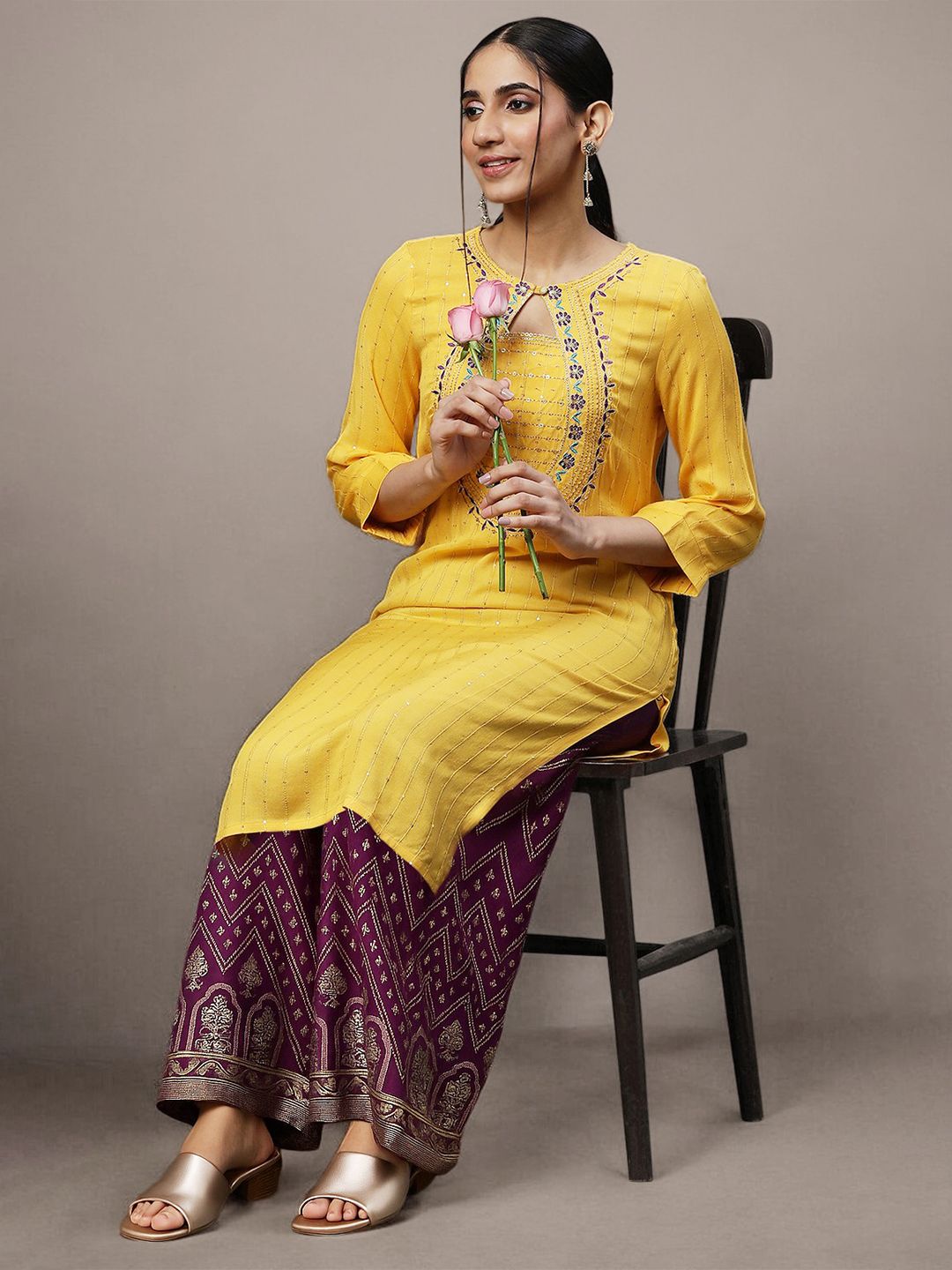 AURELIA Floral Embroidered Sequinned Keyhole Neck Straight Kurta With Palazzos