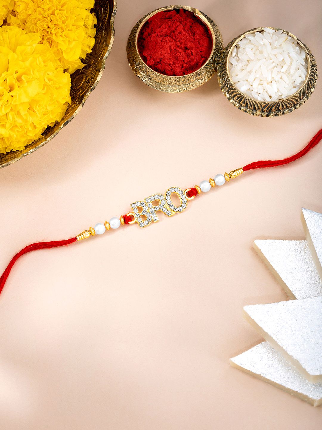 Peora Stone Studded & beaded BRO Rakhi With Roli Chawal & Greeting Card-picture-54