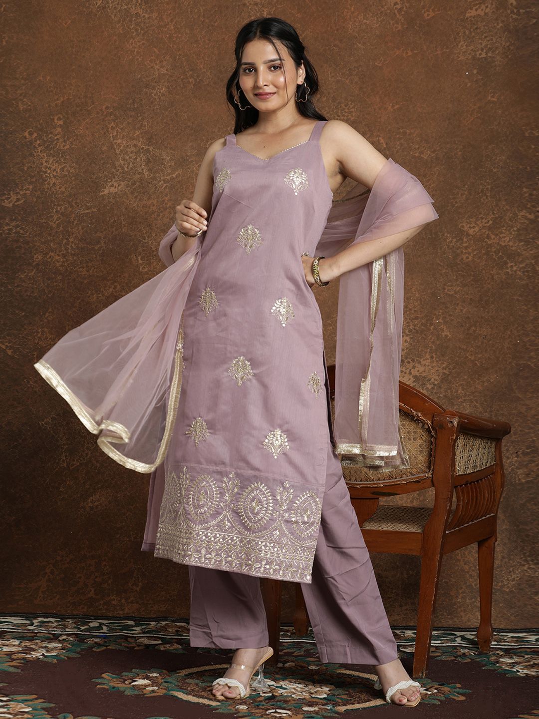 AVANSHEE Women Ethnic Motifs Embroidered Regular Sequinned Kurta with Palazzos & Dupatta-image-5