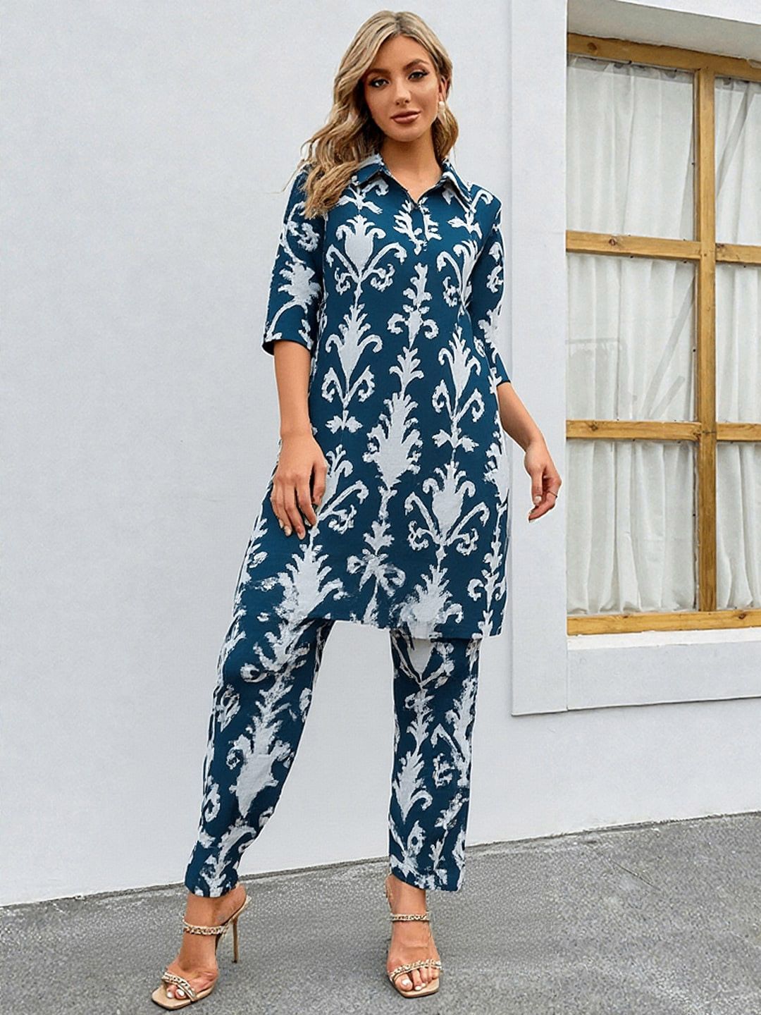 GAB Floral Printed Shirt Collar Pure Cotton Kurta With Trousers-picture-29