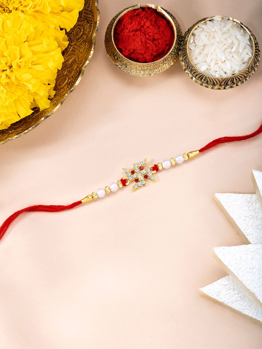 Peora Crystal Studded & Beaded Swastik Thread Rakhi With Roli Chawal And Greeting Card-picture-47