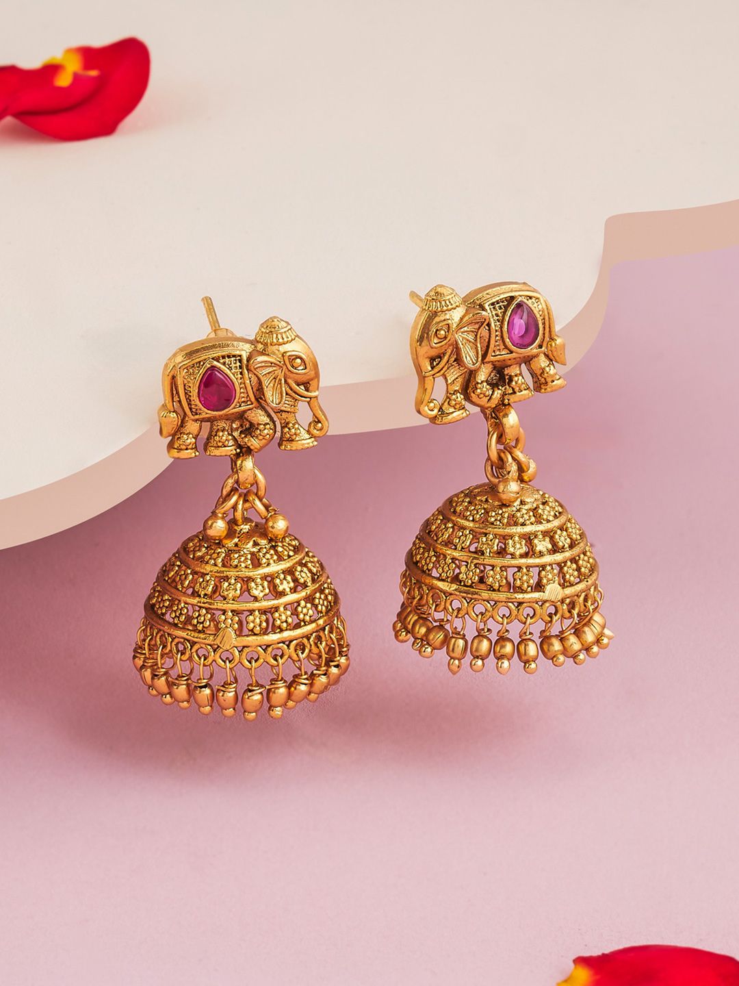 Kushal's Fashion Jewellery Gold-Plated Ruby Stones Studded Dome Shaped Antique Jhumkas-picture-22
