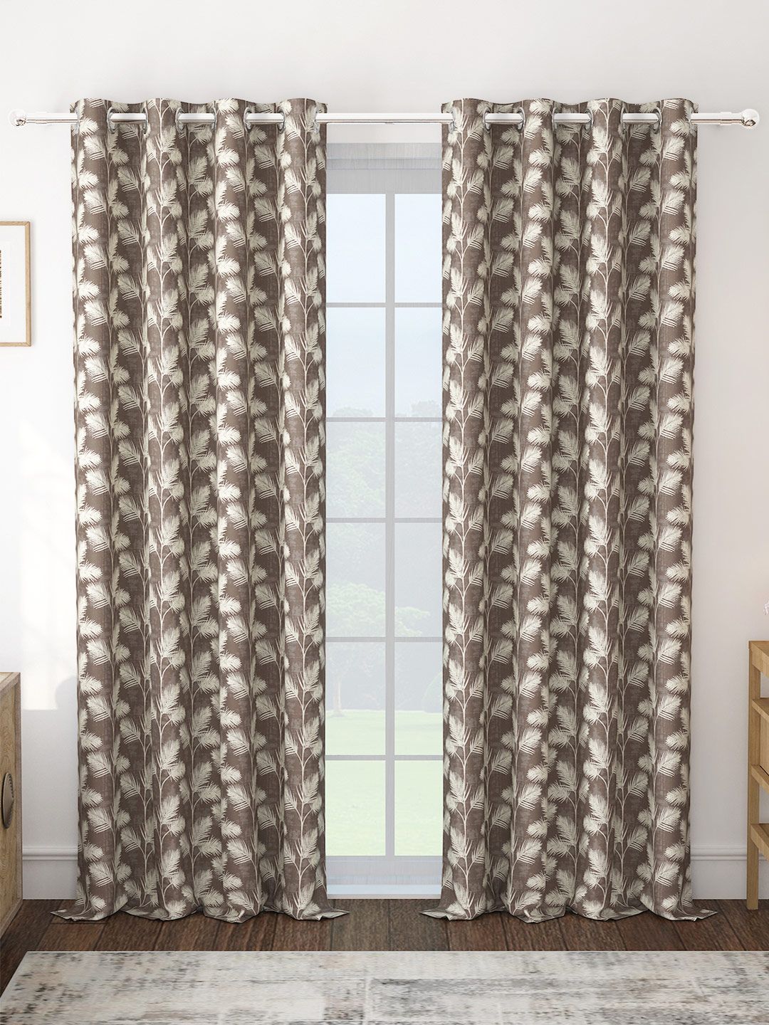 Story@home Brown & White Set of 2 Floral Room Darkening Long Door Curtain-picture-52