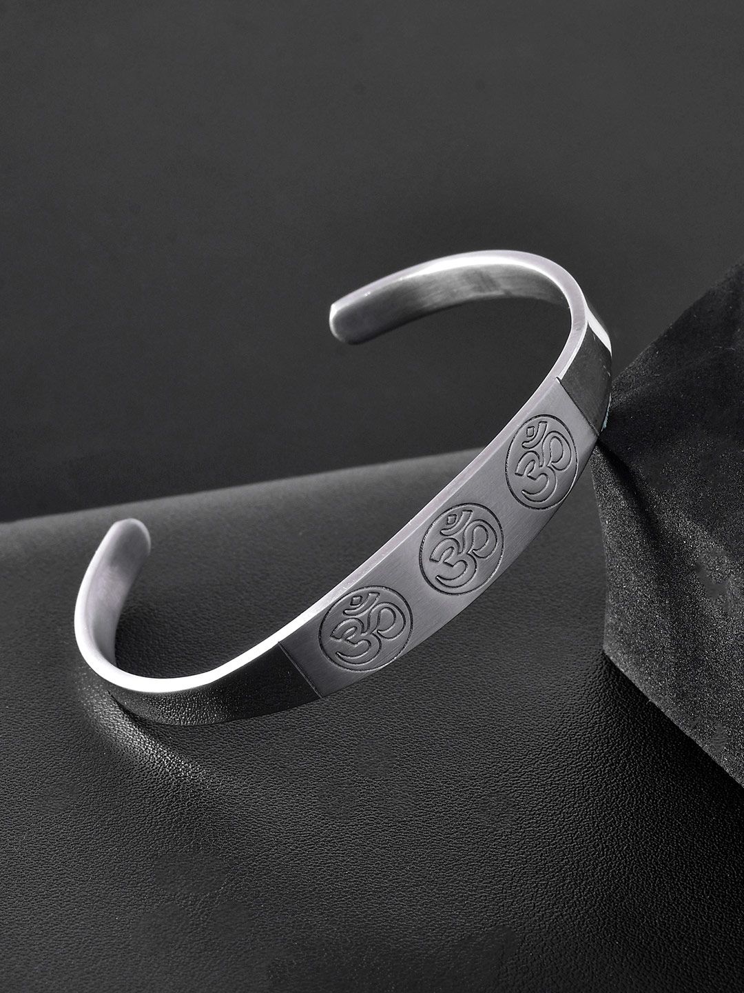 Voylla Men Signature Trinity Om Mantra Silver-Plated Oxidised Cuff Bracelet-picture-16