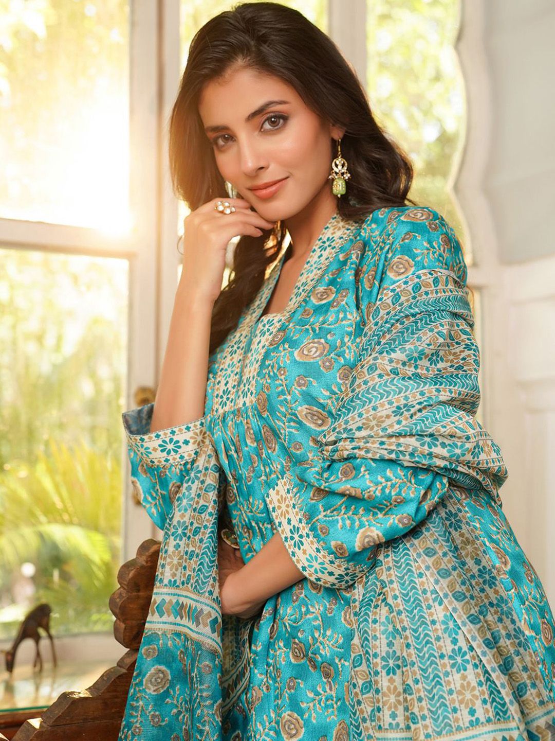 KALINI Women Floral Printed Thread Work Kurta with Trousers & Dupatta