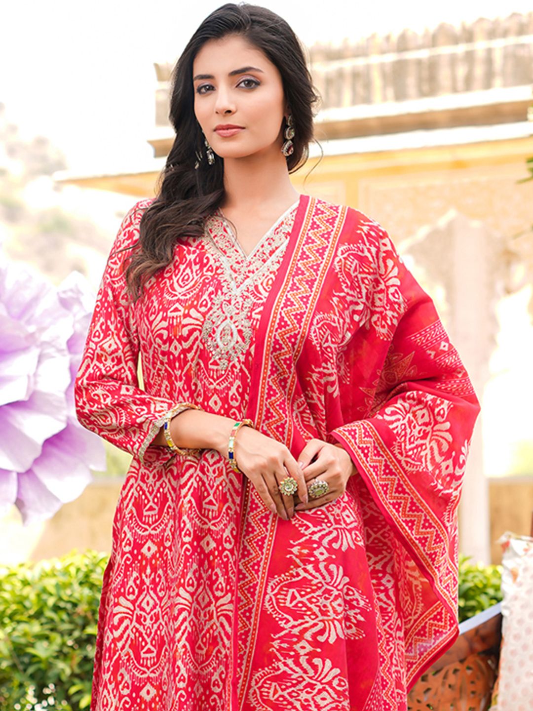 KALINI Ethnic Motifs Printed V-Neck Sequinned Straight Kurta With Trousers & Dupatta