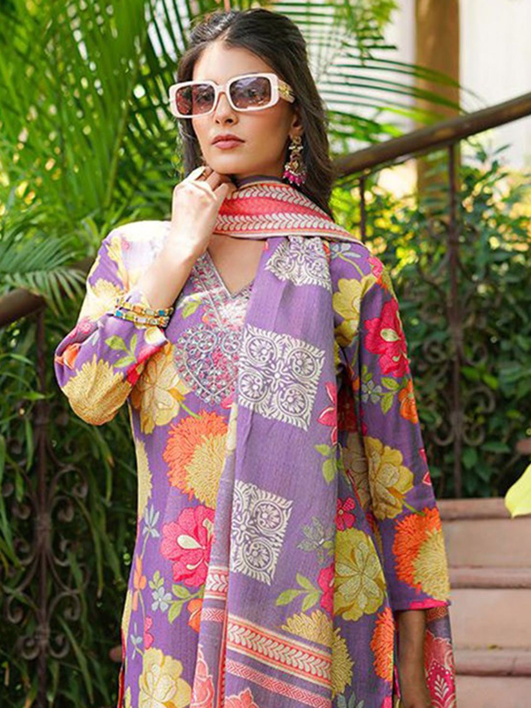 KALINI Floral Printed V-Neck Thread Work Straight Kurta With Trousers & Dupatta
