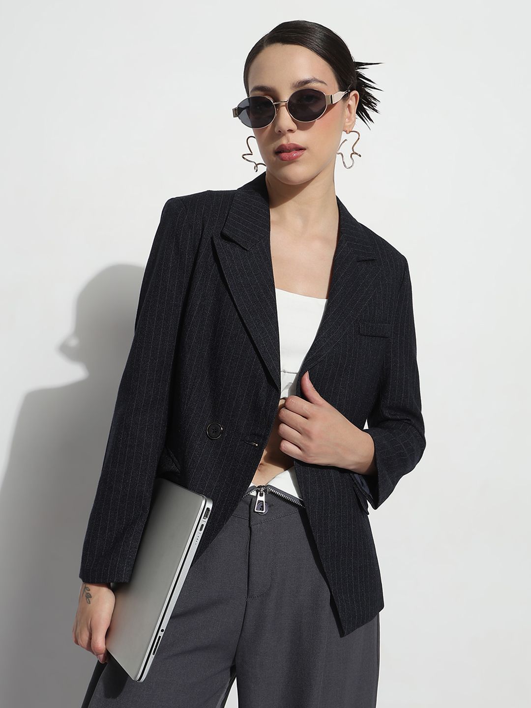 SHOWOFF Striped Tailored-Fit Double Breasted Blazer