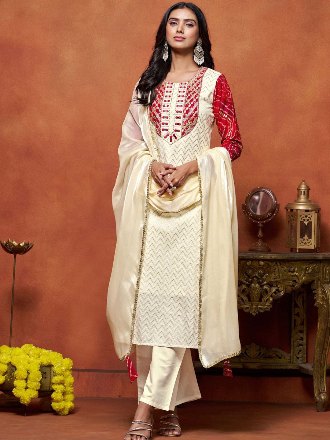 Sangria Women Ethnic Motifs Printed Pure Cotton Kurta with Palazzo & Dupatta