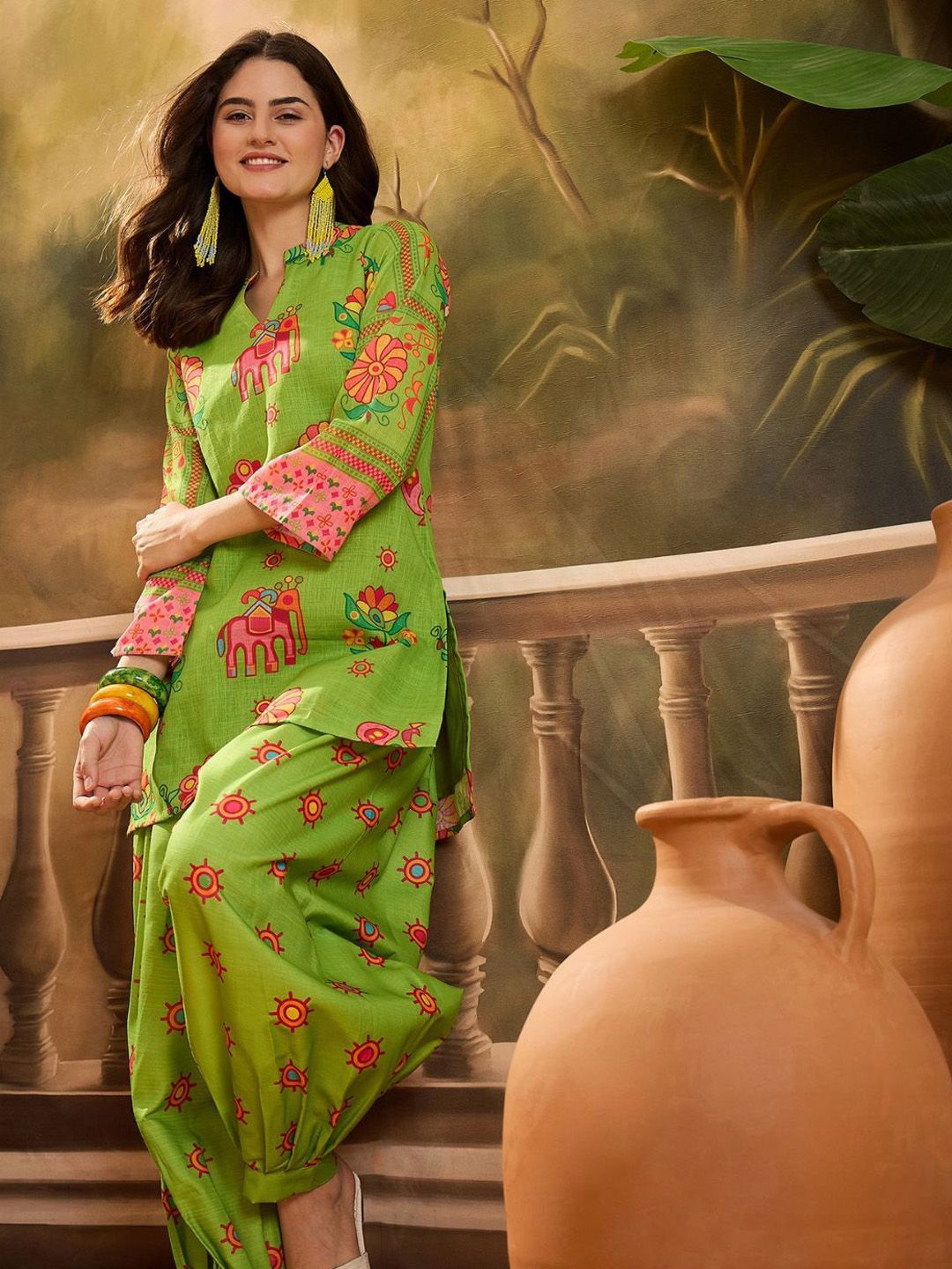 Sangria Women Ethnic Motifs Printed Linen Kurti with Salwar