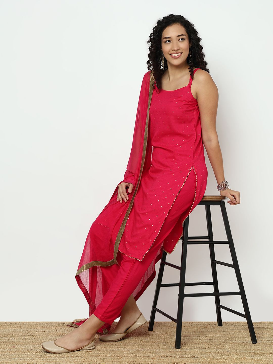 SHOWOFF Floral Woven Design Shoulder Straps Straight Kurta With Trousers & Dupatta