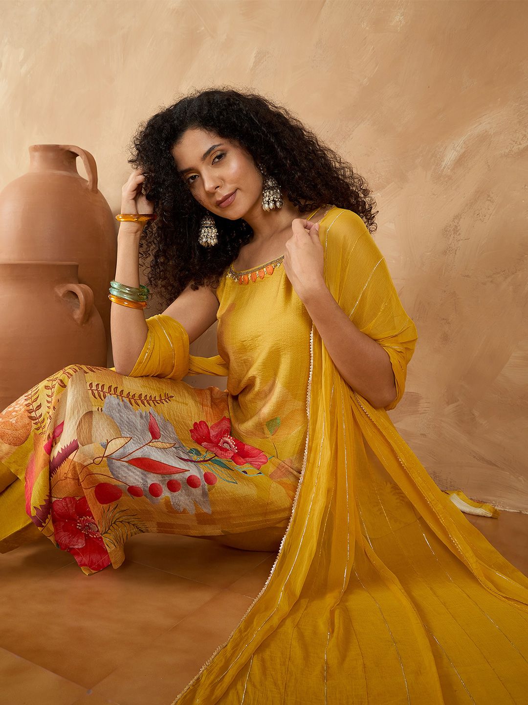 Varanga Women Spaghetti Strap Floral Kurta with Trousers and Dupatta