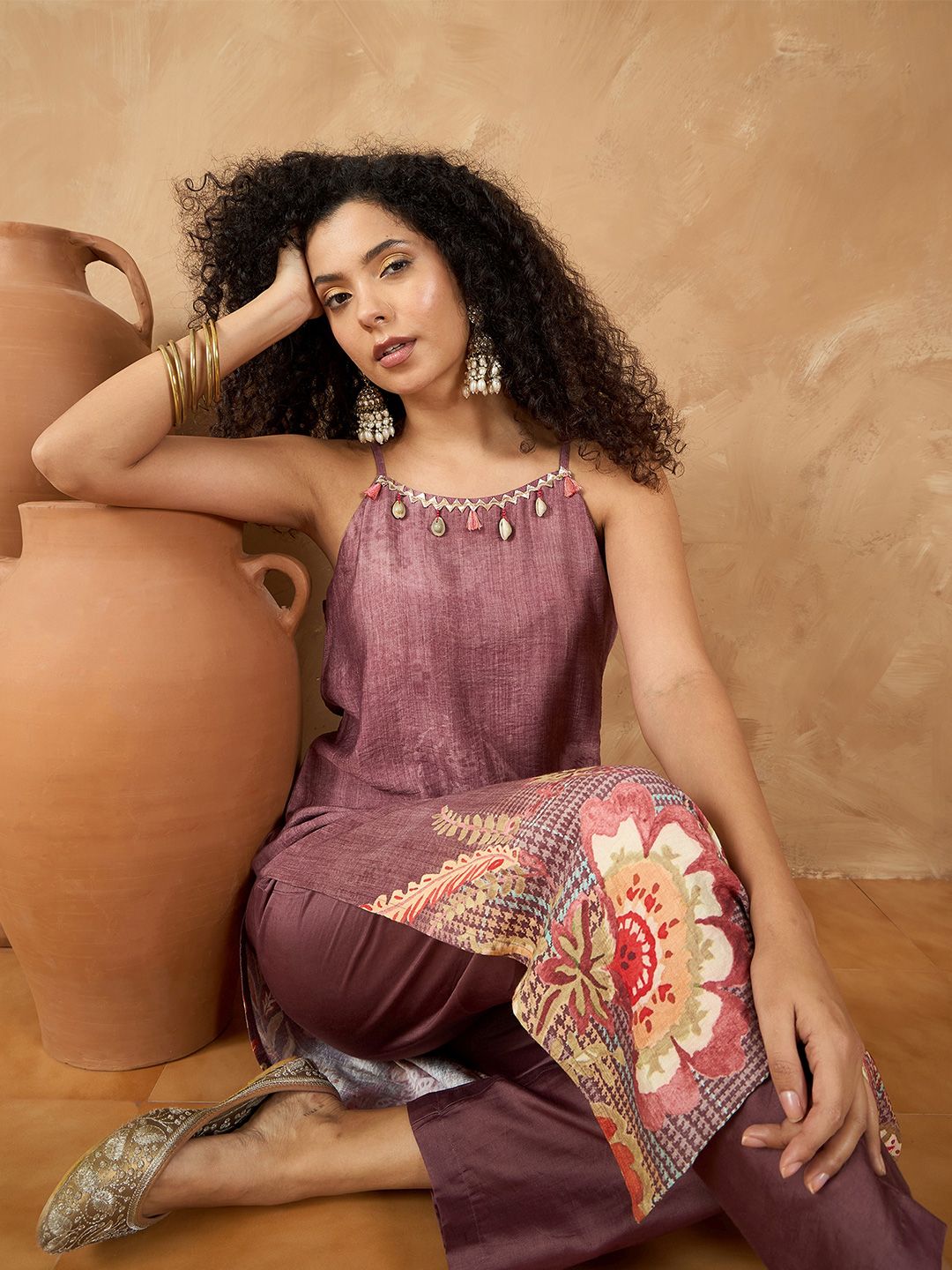 Varanga Women Spaghetti Strap Floral Kurta with Trousers