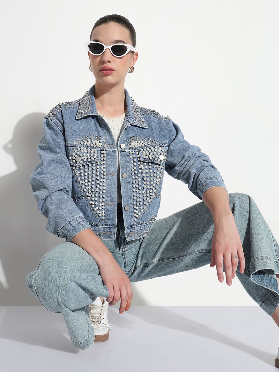 SHOWOFF Women Spread Collar Solid Windcheater Casual Denim Jacket