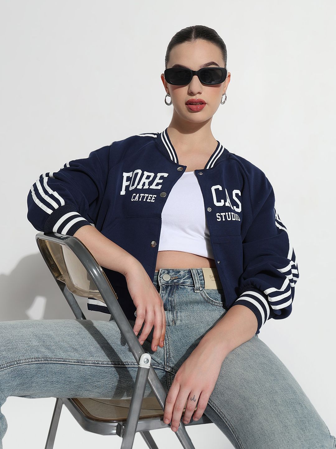 SHOWOFF Women Spread Collar Typography Casual Varsity Jacket