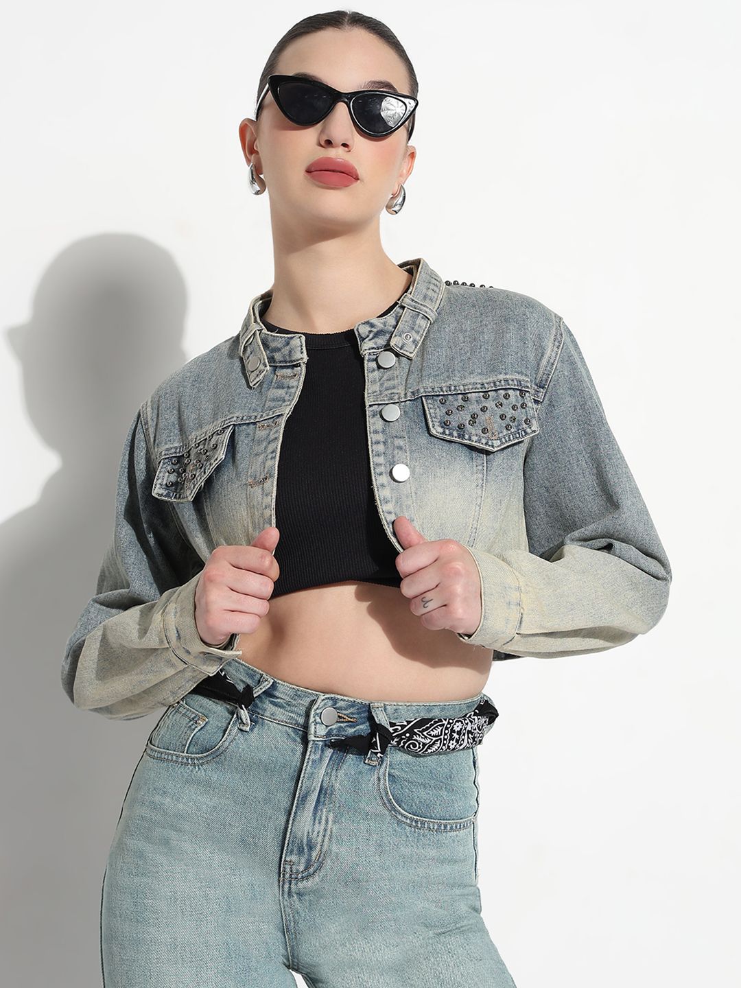 SHOWOFF Women Mock Collar Washed Windcheater Casual Denim Jacket