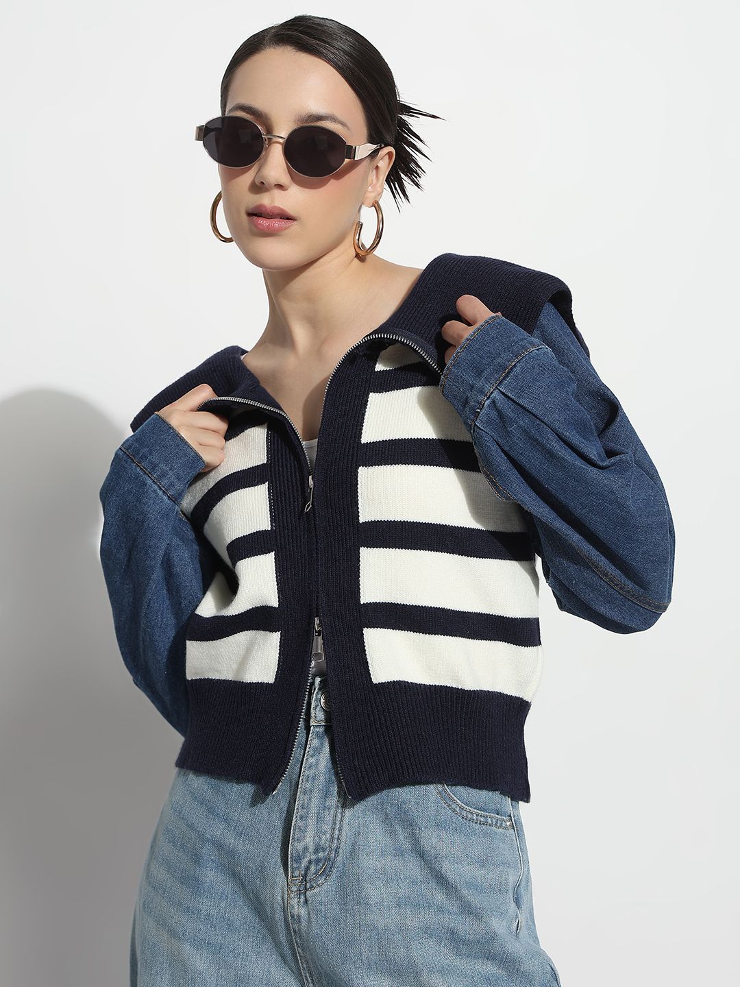 SHOWOFF Women Lapel Collar Striped Casual Denim Jacket