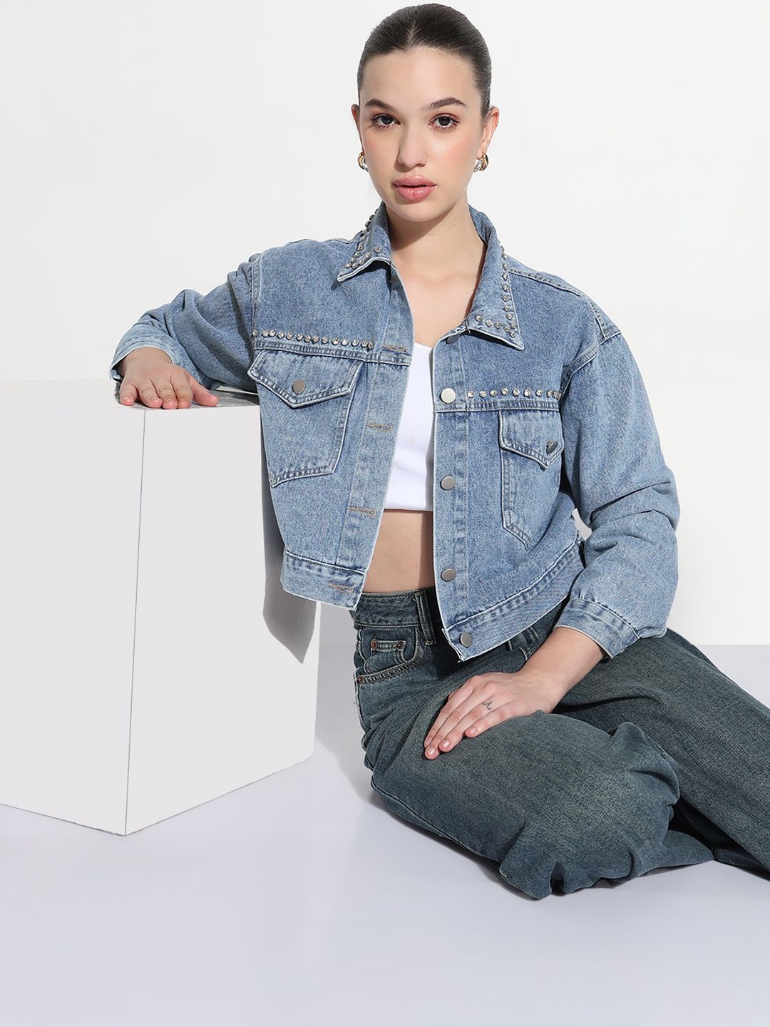 SHOWOFF Women Spread Collar Solid Windcheater Casual Denim Jacket