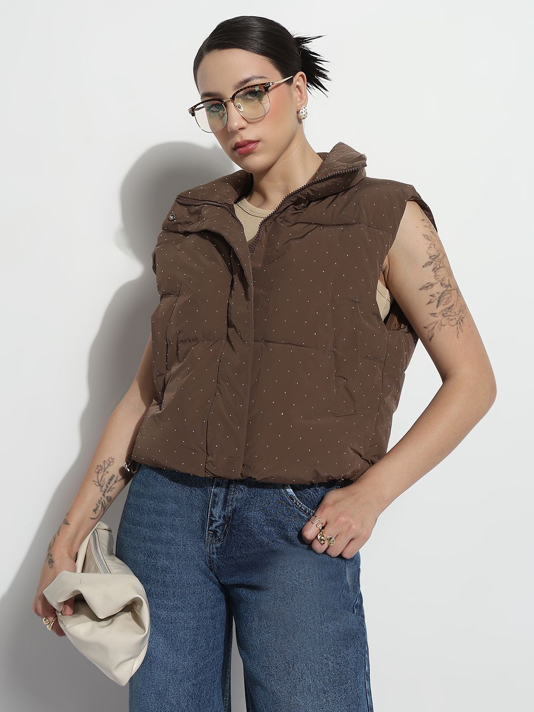 SHOWOFF Women Stand Collar Polka Dots Lightweight Casual Puffer Jacket