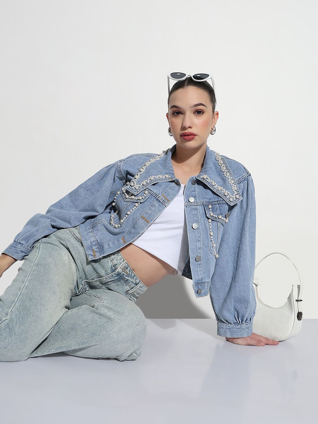 SHOWOFF Women Solid Embellished Spread Collar Windcheater Denim Jacket