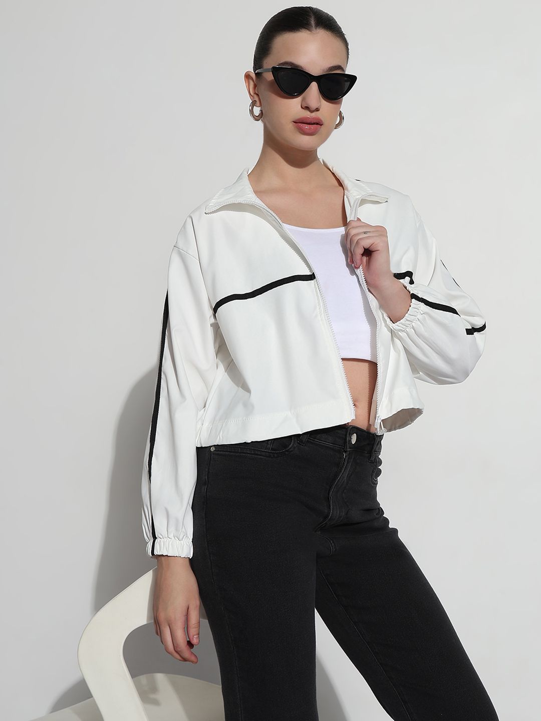 SHOWOFF Women Spread Collar Colourblocked Windcheater Casual Sporty Jacket