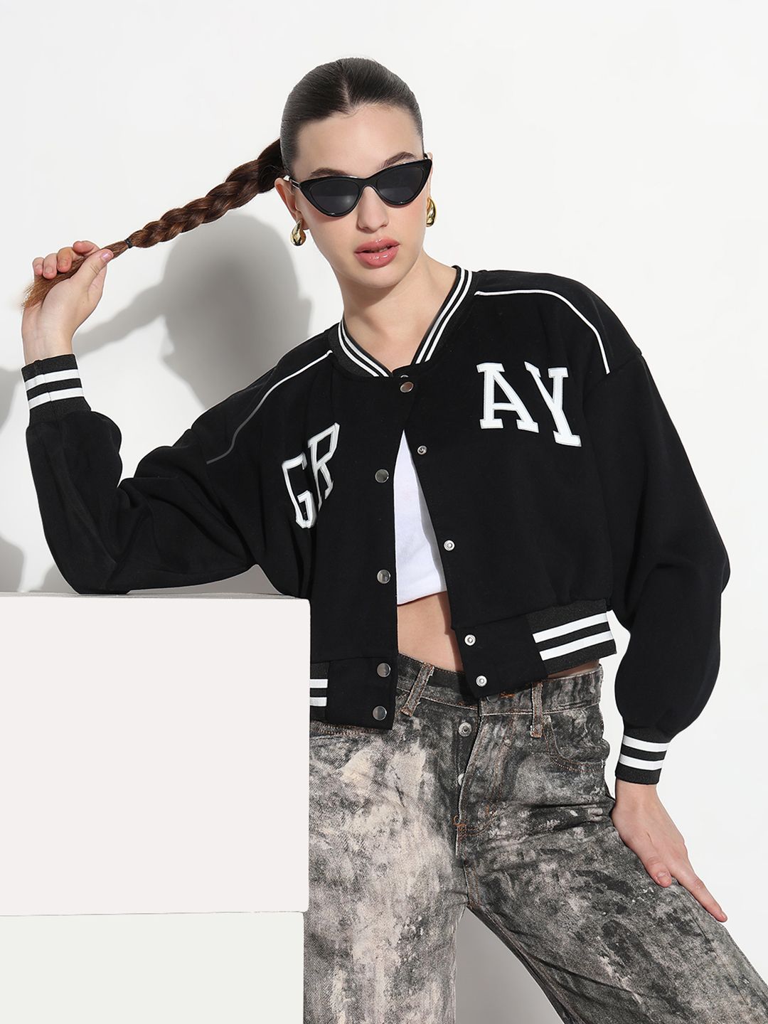 SHOWOFF Women Spread Collar Typography Casual Varsity Jacket