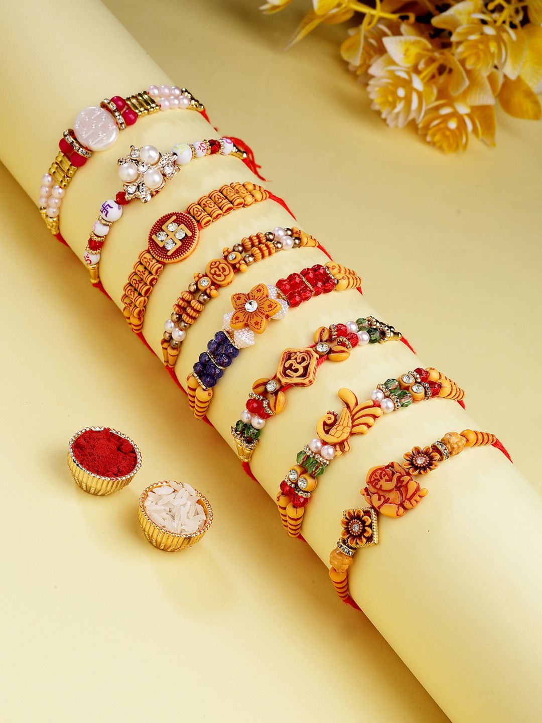ADIVA Set of 8 CZ Stone & Beads God Symbol Thread Rakhi with Roli Chawal Chandan Card-picture-28