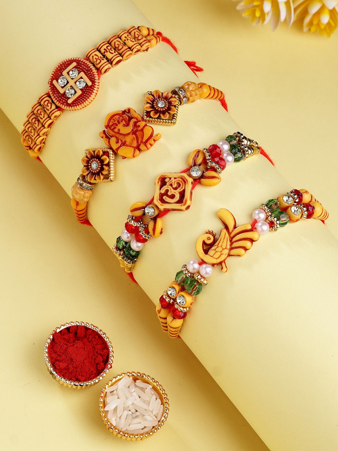 ADIVA Set Of 4 CZ Studded & Beaded God Symbol Thread Rakhis With Roli Chawal-picture-6