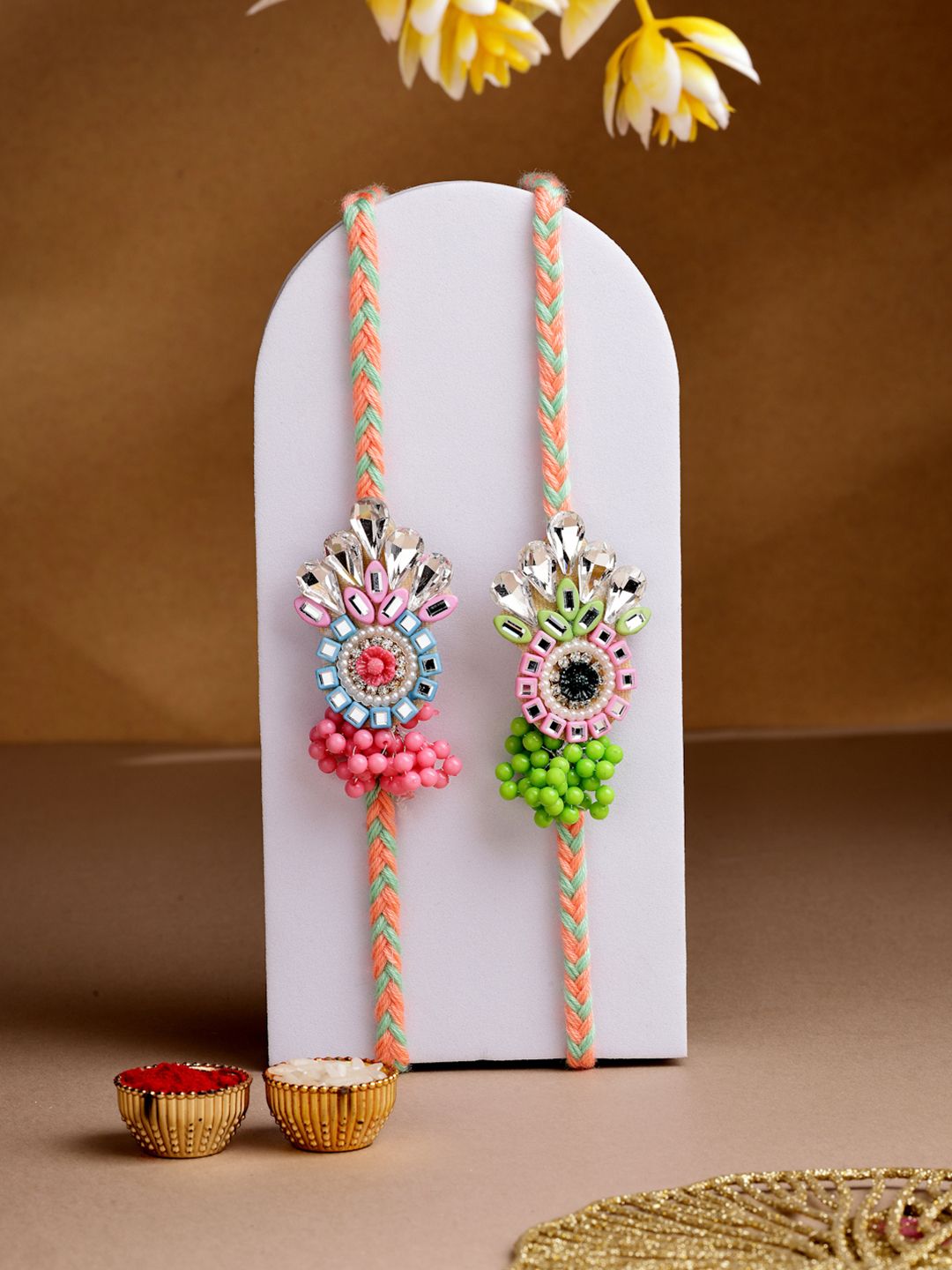 ADIVA Set of 2 Handmade Floral Stone Thread Rakhi with Roli Chawal Chandan & Meshrei Card-picture-17