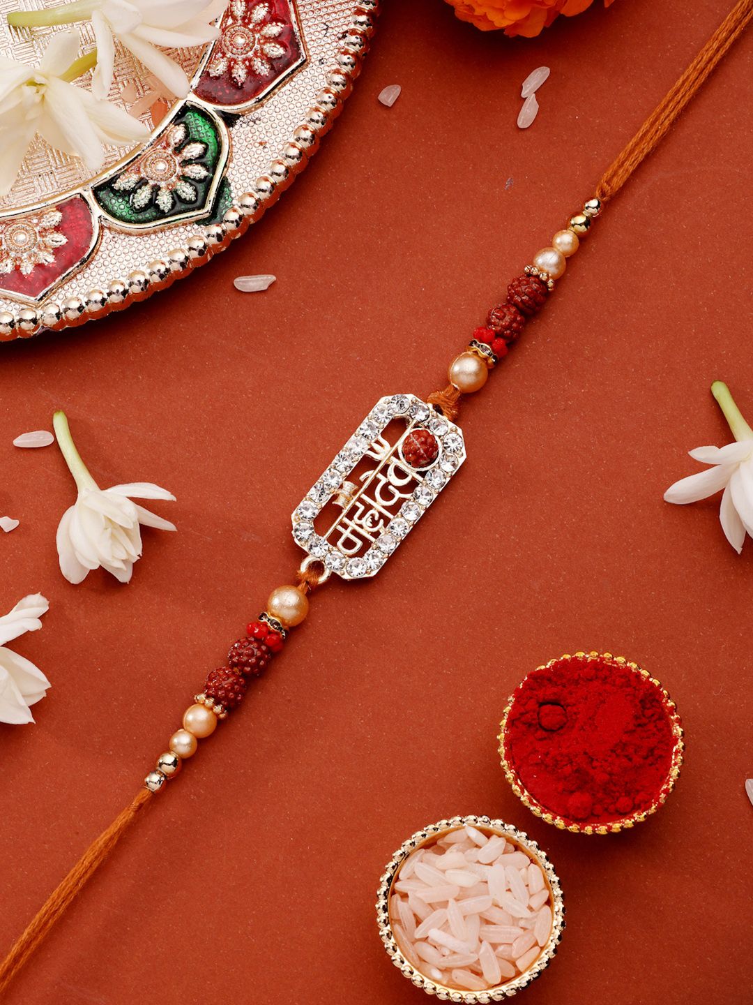 ADIVA Stone Studded & Beaded Mahadev Thread Rakhi With Roli Chawal Chandan & Meshrei Card-picture-22