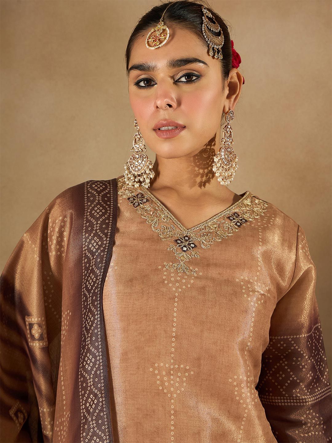 Anouk Bandhani Embroidered Straight Thread Work Kurta With Trouser & Dupatta