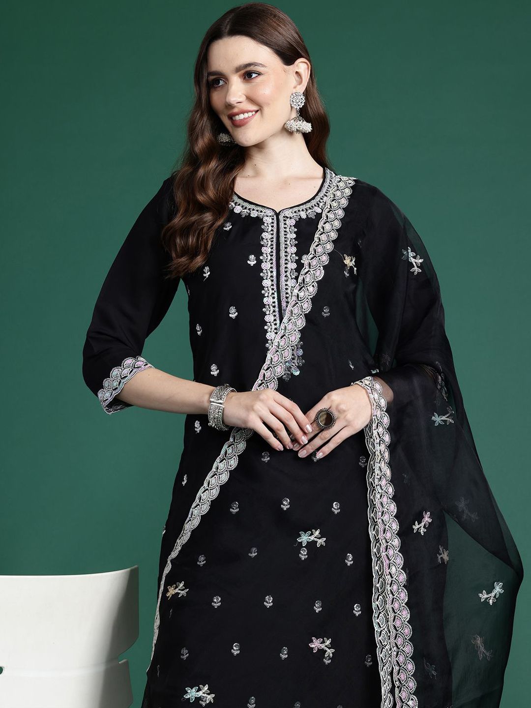 Anouk Floral Embroidered Straight Kurta With Trousers & Dupatta