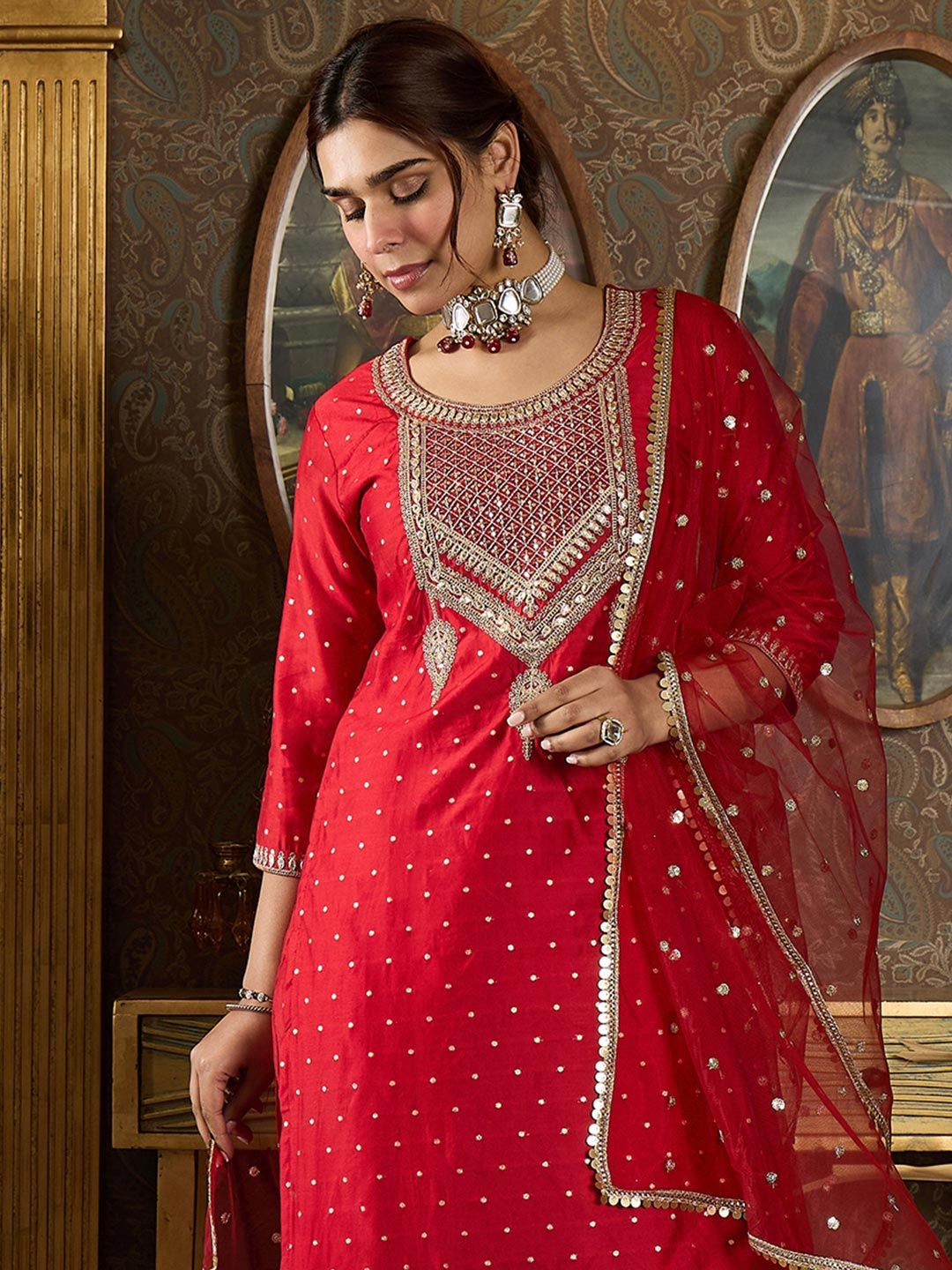 Anouk Ethnic Motifs Embroidered Sequinned Straight Kurta With Trousers & Dupatta