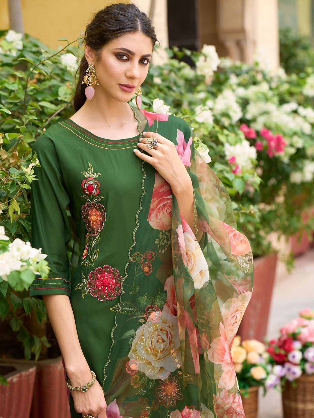 Anouk Floral Embroidered Straight Thread Work Kurta With Trouser & Dupatta