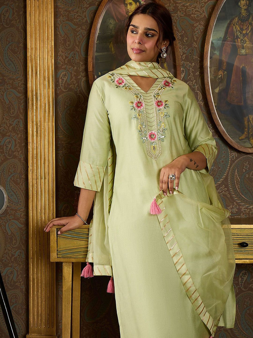 Anouk Embroidered Straight Thread Work Kurta With Trouser & Dupatta