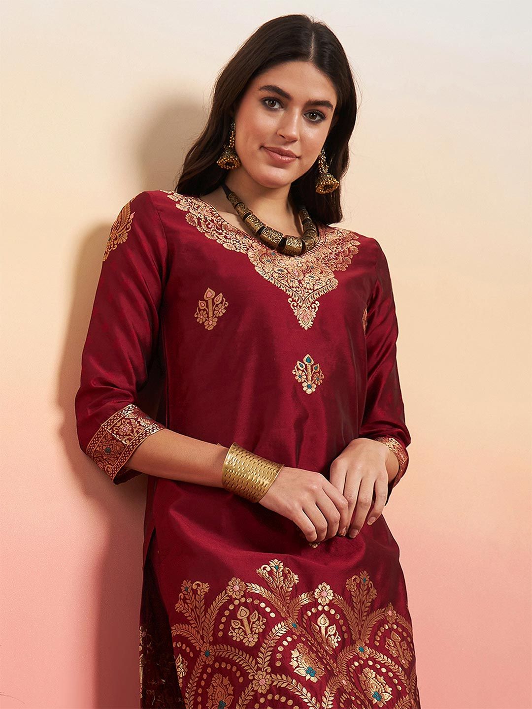 Anouk Woven Design Straight Kurta With Palazzos