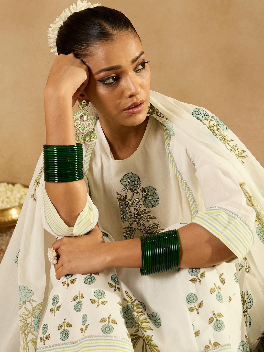 Anouk Women Floral Printed Cotton Anarkali Kurta with Trousers & Dupatta