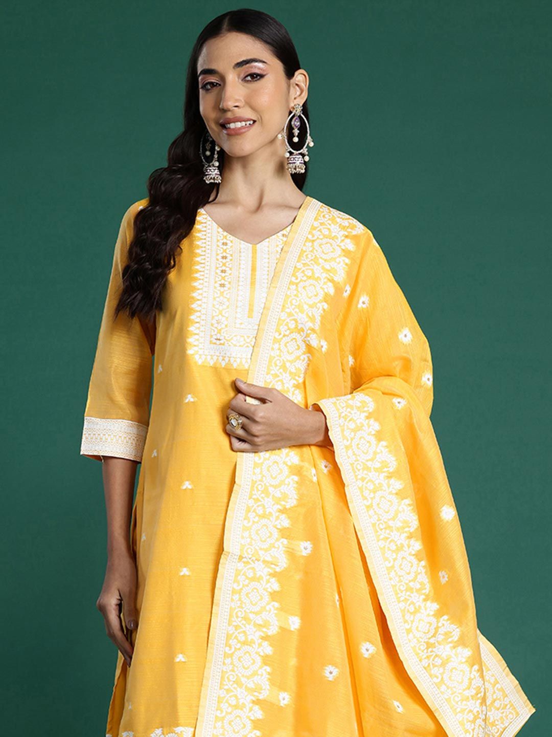 Anouk Woven Design V-Neck Chanderi Silk Straight Kurta With Trousers & Dupatta
