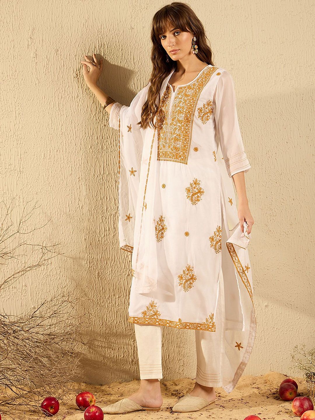 Anouk Floral Embroidered Straight Thread Work Organza Kurta With Trouser & Dupatta